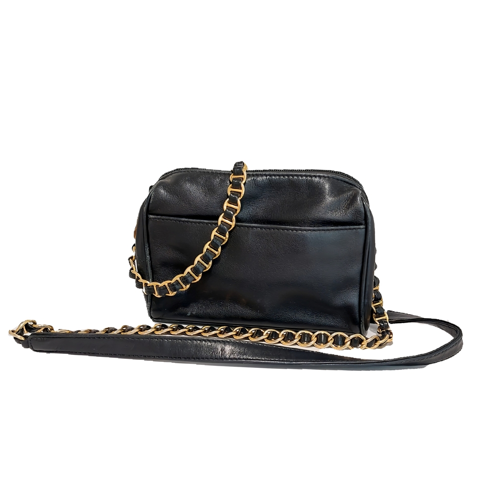 Nine West Small Black Leather Gold & Leather Chain Shoulder Bag